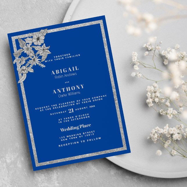 Royal Blue Silver Glitter Blommigt Snyggt Bröllop Inbjudningar (Royal Blue Silver Glitter Floral Stylish Wedding Invitation )