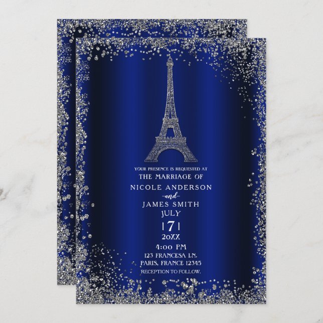 Royal Blue Silver Glitter Eiffel Torn Bröllop Inbjudningar (Fram/baksida)