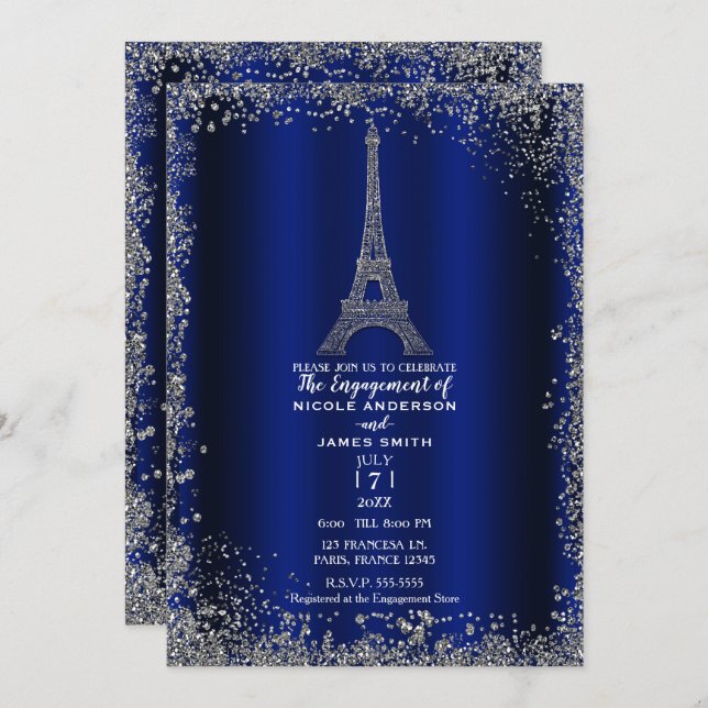 Royal Blue Silver Glitter Eiffel Torn Förlovning Inbjudningar (Fram/baksida)
