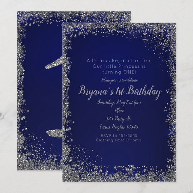 Royal Blue Silver Glitter Glam 1:a Födelsedagsfest Inbjudningar (Fram/baksida)