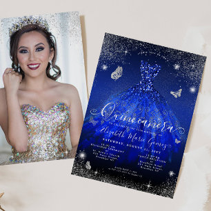 Royal Blue Silver Glitter Gown Photo Quinceanera Inbjudningar