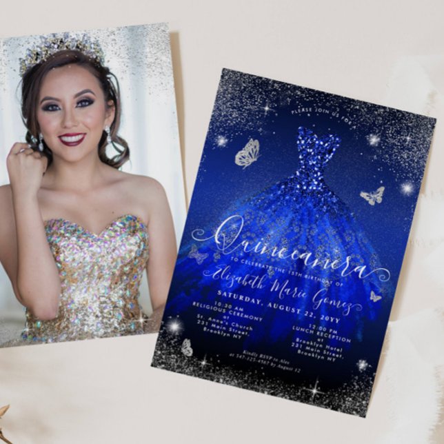 Royal Blue Silver Glitter Gown Photo Quinceanera Inbjudningar (Skapare uppladdad)