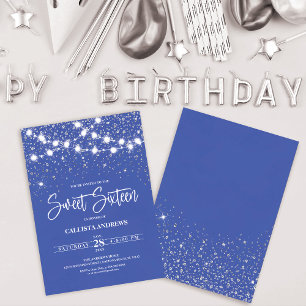 Royal Blue Silver Glitter Sparkles Ljus Sweet 16 Inbjudningar