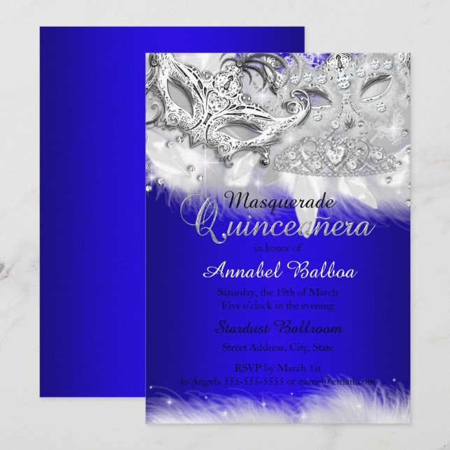 Royal Blue Silver Gnistra Masquerad Quinceanera Inbjudningar (Fram/baksida)