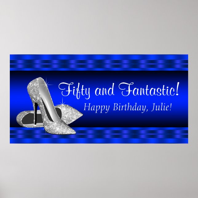 Royal Blue Silver Höghäls Födelsedagsfest Banner Poster (Framsidan)