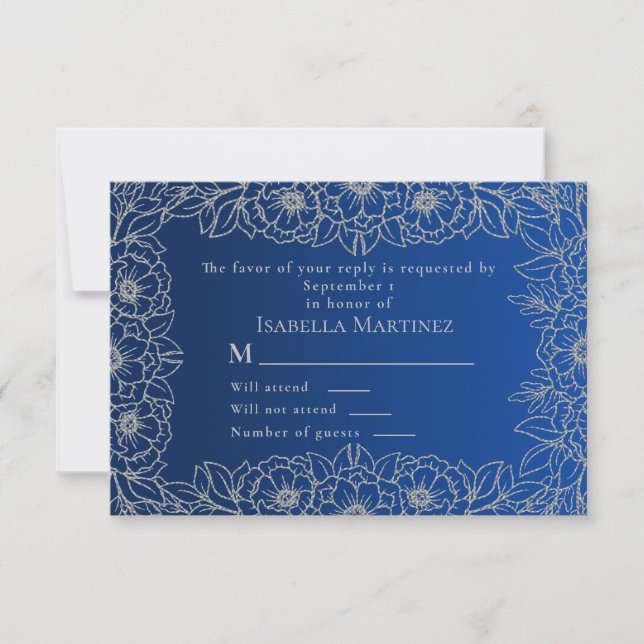 Royal Blue Silver Line Art Blommigt Quinceañera OSA Kort (Framsida)