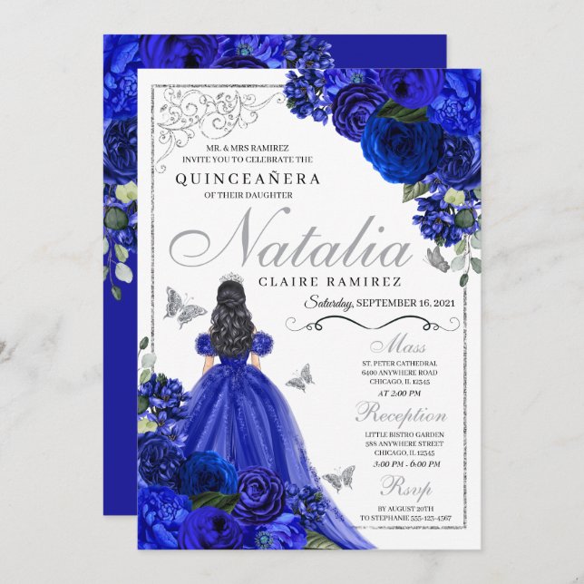 Royal Blue Silver Princess Butterflies Quinceañera Inbjudningar (Fram/baksida)