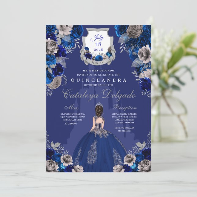 Royal Blue & Silver Prinsesslott Quinceañera Inbjudningar (Stående Fram)