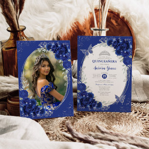 Royal Blue Silver Quinceañera 15:e födelsedagsfoto Inbjudningar