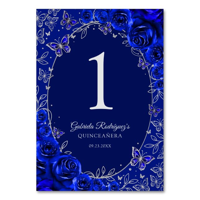 Royal Blue Silver Quinceanera Bordsnummer (Framsidan)
