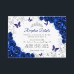 Royal Blue Silver Quinceanera Reception Details Tilläggskort<br><div class="desc">Royal blue silver Quinceanera reception details enclosure cards. Features,  script font,  silver butterflies,  watercolor roses and tiara. Perfect for an elegant princess style glam celebration. Personalize with your own details.</div>