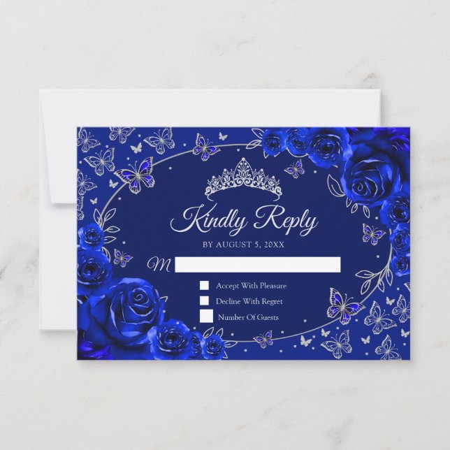 Royal Blue Silver Quinceanera Reply OSA Kort (Framsida)