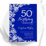 Royal Blue Silver Ro 50:e Födelsedagsfesten Inbjudningar<br><div class="desc">Royal blå silver blommigt 50 födelsedagsfest inbjudan. Elegantens utformning med ro,  faux silver-folie och typsnitt för typsnitt. Trendig inbjudan-kortets perfekt för en snyggt kvinnlig dag firande. Kan anpassas till vilken ålder som helst. Skrivna Zazzle-inbjudningar eller digital utskrivbar mall för omedelbar nedladdning.</div>