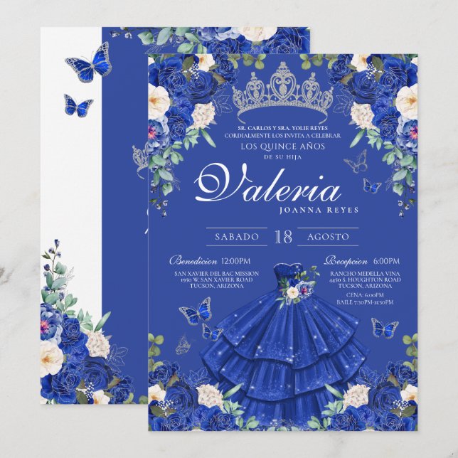 Royal Blue Silver Ro Elegant Princess Quinces Inbjudningar (Fram/baksida)