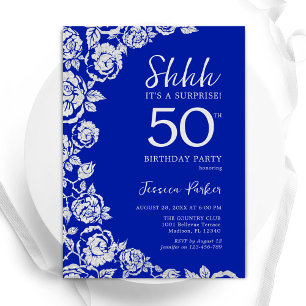 Royal Blue Silver Ro Surprise 50:e födelsedagen Inbjudningar