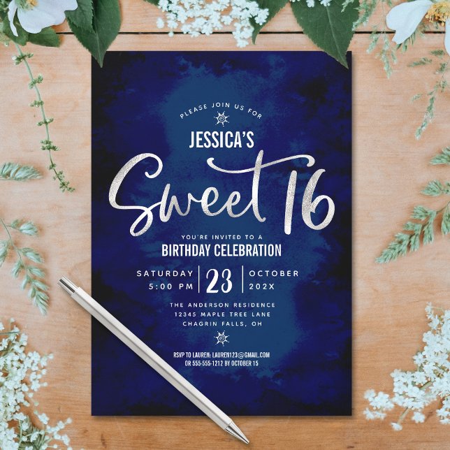 Royal Blue Silver Script Fet Bold Sweet 16 Födelse Inbjudningar (Skapare uppladdad)