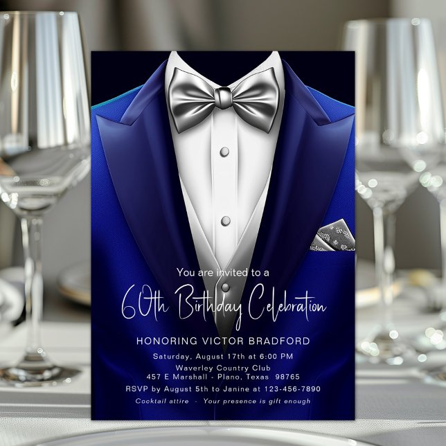 Royal Blue Silver Smoking Mäns Alla Årsdagar Födel Inbjudningar (Any number birthday, retirement, formal occasion blue and silver tuxedo invitation. )