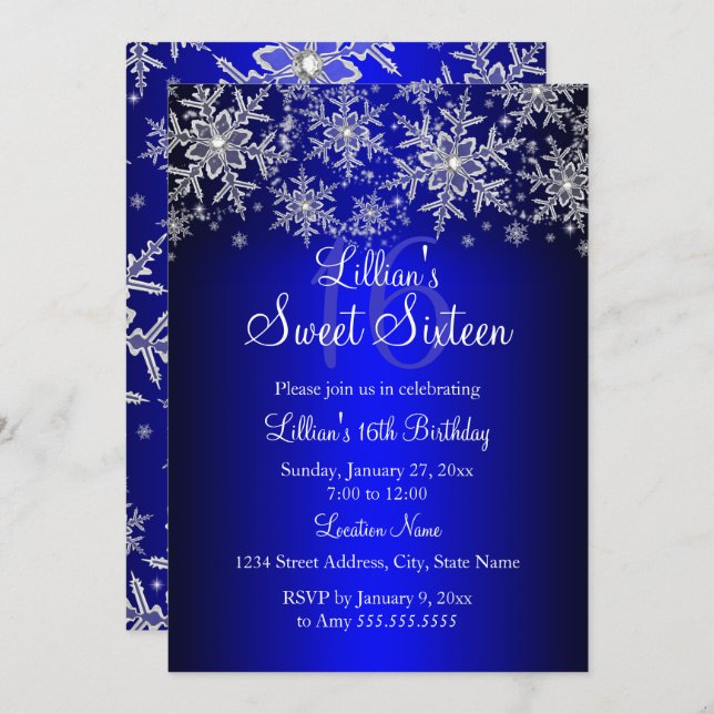 Royal Blue Silver Snowflake Sweet 16 Inbjudan (Fram/baksida)