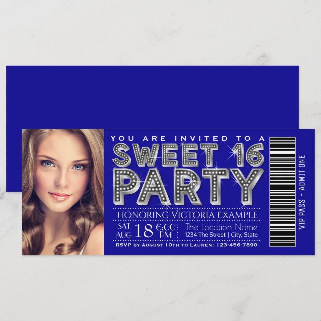 Royal Blue Silver Sweet 16 Biljett Inbjudan (Fram/baksida)