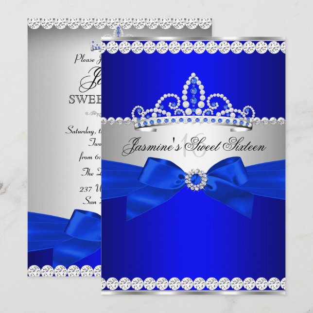 Royal Blue & Silver Sweet 16 Födelsedagsfest Inbjudningar (Fram/baksida)