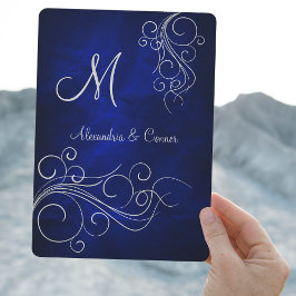 Royal Blue Silver Swirl Monogram Formell Bröllop Inbjudningar