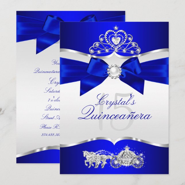 Royal Blue Silver Tiara Pärlslinga Quinceanera Inbjudningar (Fram/baksida)