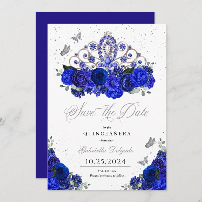 Royal Blue Silver Tiara Spara datumet Quinceañera Inbjudningar (Fram/baksida)