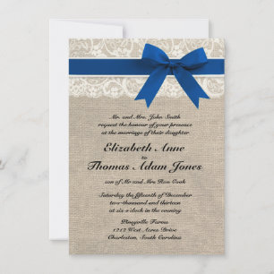 Royal Blue Snöre & Burlap Wedding bjudning 2 Inbjudningar