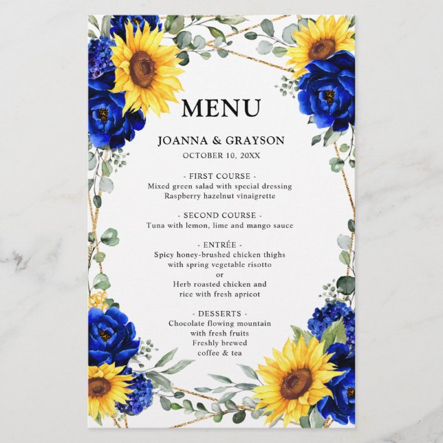 Royal Blue Solros Geometric Bröllop Menu (Framsida)