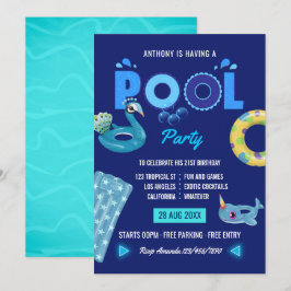 Royal Blue Sommarpool Födelsedagsfest Inbjudningar
