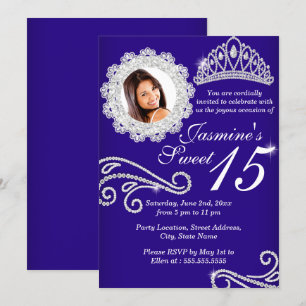 Royal Blue Sparkle Diamond Tiara Foto Quinceanera Inbjudningar