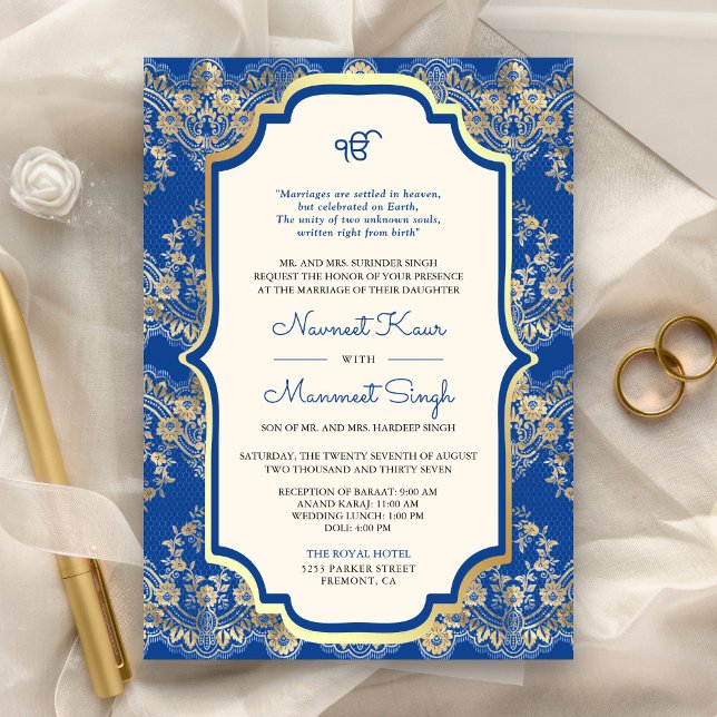 Royal Blue Spets QR-kod Anand Karaj Sikh Bröllop Inbjudningar (Skapare uppladdad)