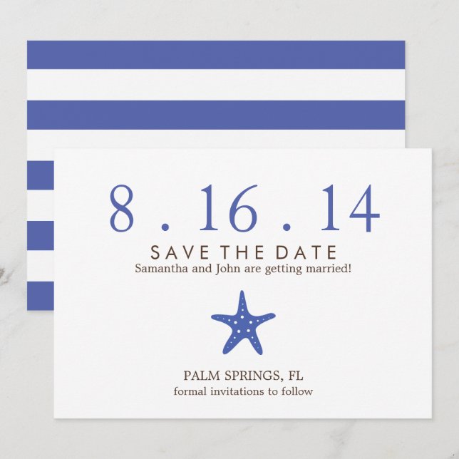 Royal Blue Starfish Bröllop Save the Date Inbjudningar (Fram/baksida)