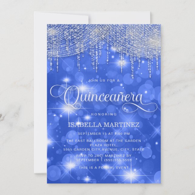 Royal Blue Strängljus Gnist Quinceañera Inbjudningar (Framsida)