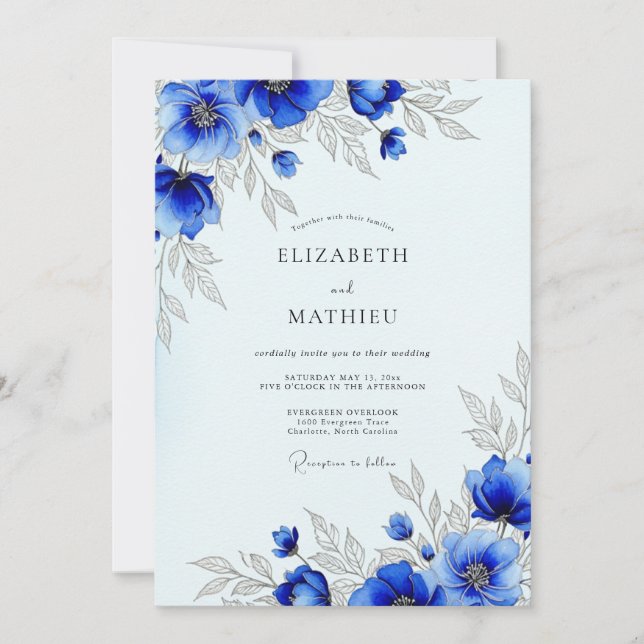 Royal Blue Striking Botanical Wedding Inbjudningar (Framsida)