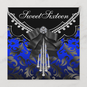 Royal Blue Svart Damask Sweet Sixteen Födelsedagsf Inbjudningar