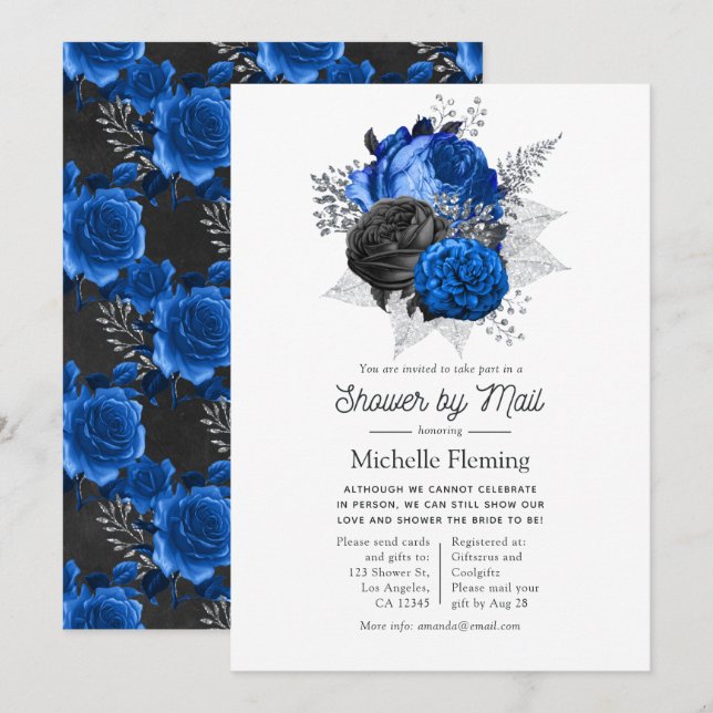Royal Blue, Svart och Silver Blommig Bröllopsfest  Inbjudningar (Fram/baksida)