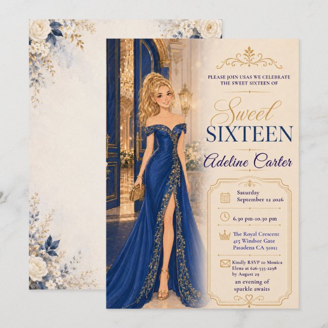 Royal Blue Sweet 16 Ballroomfest Inbjudningar (Fram/baksida)