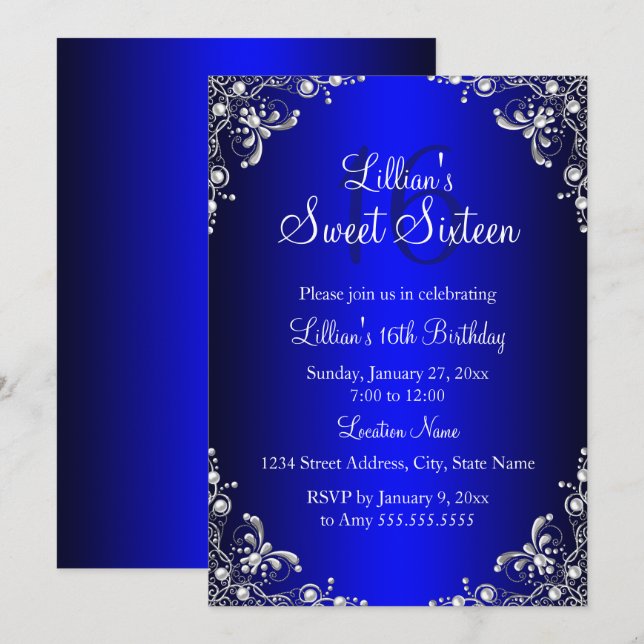 Royal Blue Sweet 16 Silver Pearl Damask Inbjudningar (Fram/baksida)