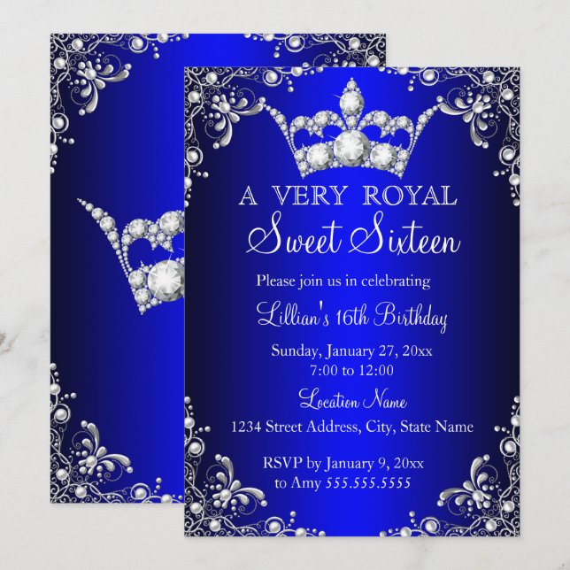 Royal Blue Sweet 16 Silver Pearl Damask krona Inbjudningar (Fram/baksida)