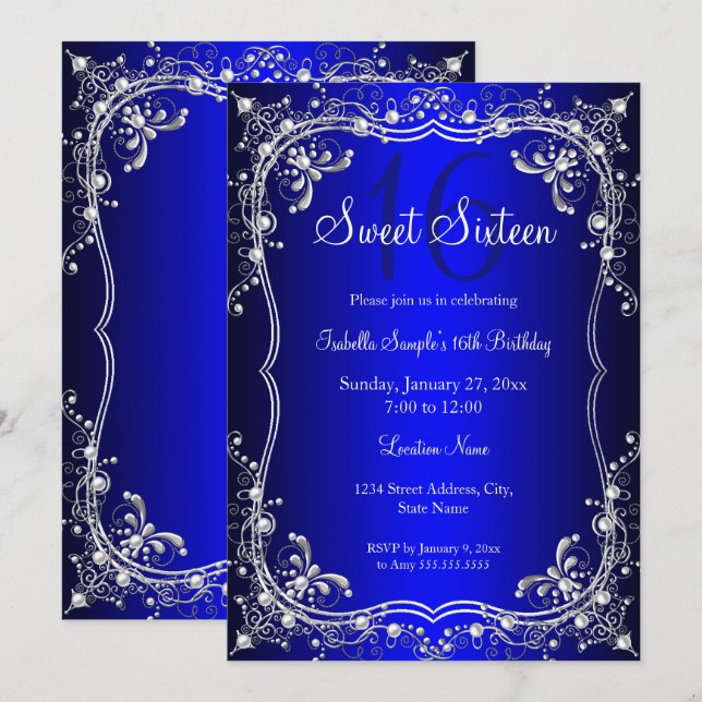Royal Blue Sweet 16 Silver Pearl Damask party Inbjudningar (Fram/baksida)