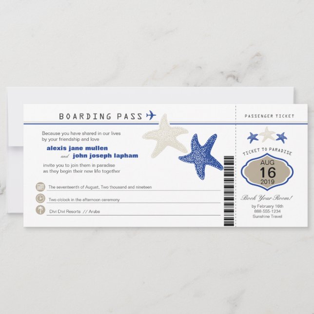 Royal Blue Tan Starfish Boarding Pass Bröllop Inbjudningar (Framsida)