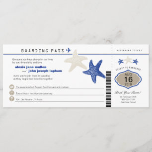 Royal Blue Tan Starfish Boarding Pass Bröllop Inbjudningar