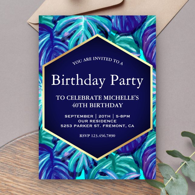 Royal Blue Teal Gold Foil Tropical Löv Birthday Inbjudningar (Skapare uppladdad)
