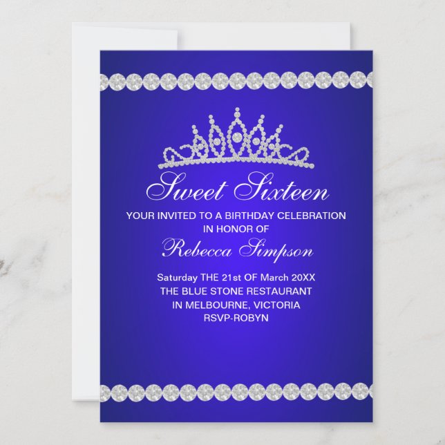 Royal Blue Tiara Sweet sixteen Birthday-inbjudan Inbjudningar (Framsida)