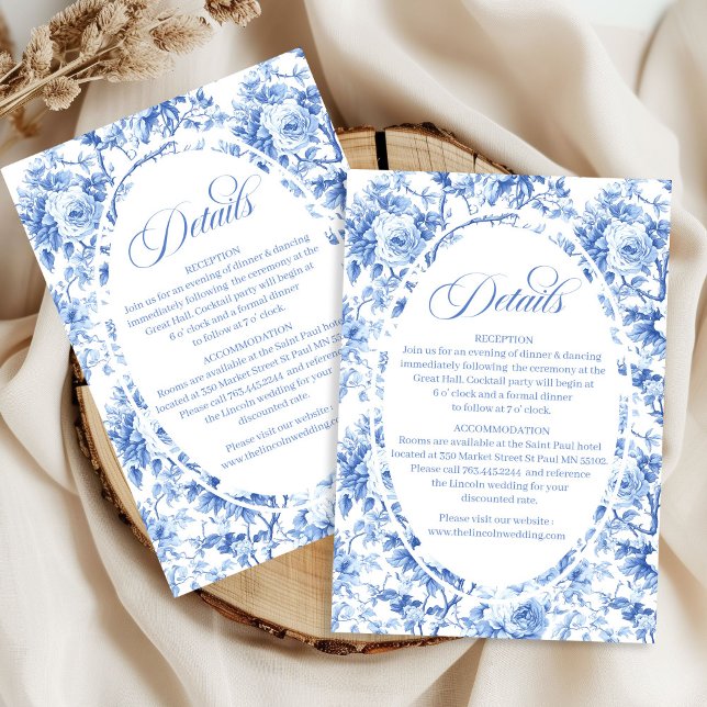 Royal blue toile floral wedding accommodation  tilläggskort (Royal blue toile floral wedding accommodation details card

)