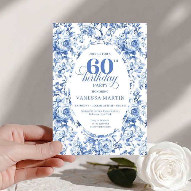 Royal Blue Toile Roses 60th Birthday Invite Printa Inbjudningar (Royal Blue Toile Roses 60th Birthday Invite Printable

)