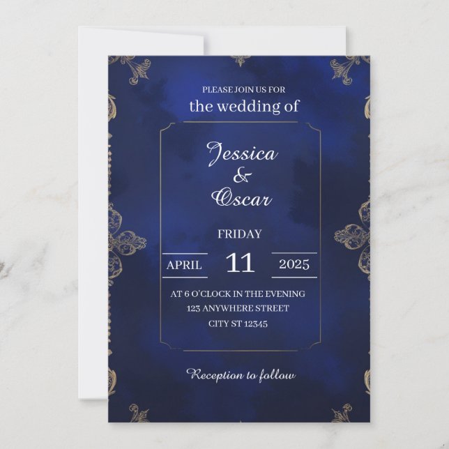 Royal Blue Velvet Background med Guld Filigree Inbjudningar (Framsida)