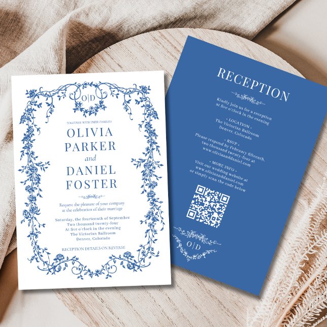 Royal Blue Victorian All in One QR Code Wedding Inbjudningar (Skapare uppladdad)