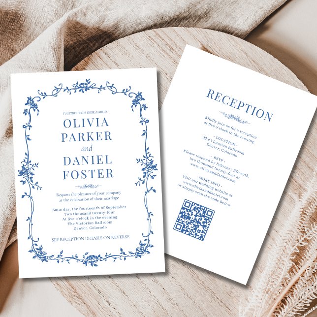 Royal Blue Victorian QR Code All in One Wedding  Inbjudningar (Skapare uppladdad)